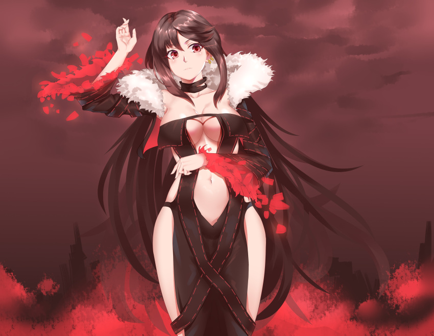 1girl absurdres babailifen_huixiajiu bangs black_dress black_hair black_jacket breasts center_opening choker collarbone consort_yu_(fate) cropped_jacket curvy dress ear_piercing fate/grand_order fate_(series) fur-trimmed_jacket fur_trim highres jacket large_breasts long_hair looking_at_viewer navel open_clothes open_jacket petals piercing red_eyes revealing_clothes solo strapless strapless_dress very_long_hair wide_sleeves