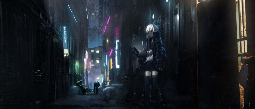 1girl 3others alley asuteroid black_footwear black_jacket black_legwear black_shorts boots building cityscape commentary dark green_eyes highres holding holding_phone iz_(asuteroid) jacket lights long_hair long_sleeves multiple_others neon_lights night open_clothes open_jacket original outdoors phone scenery shirt shorts skyscraper sleeves_past_wrists solo_focus standing thigh-highs very_long_hair white_hair white_shirt wide_shot window