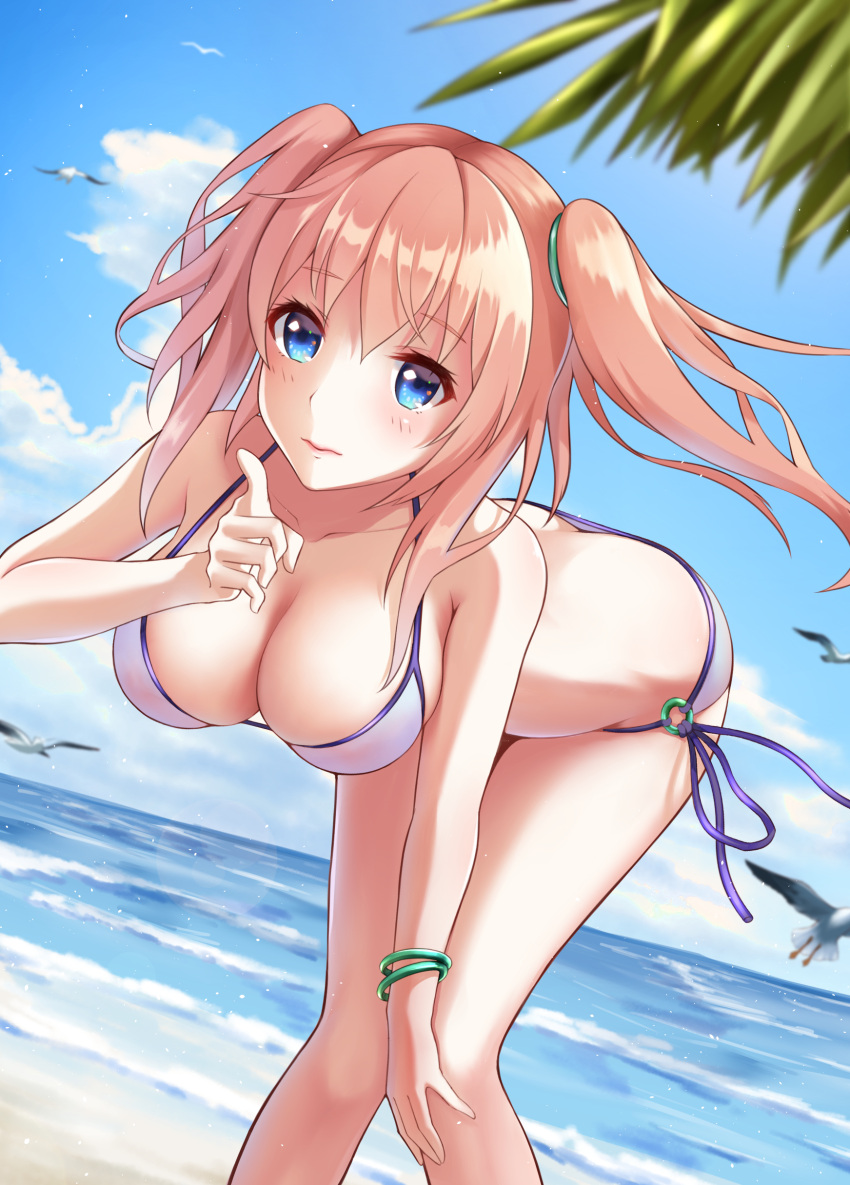 1girl absurdres ardor bangs beach bent_over bikini bird blue_eyes blue_sky blurry blush bracelet breasts butt_crack clouds collarbone day depth_of_field dutch_angle eyebrows_visible_through_hair hair_between_eyes hand_on_own_knee hand_up highres jewelry knees_together_feet_apart large_breasts lens_flare lips looking_at_viewer o-ring o-ring_bikini o-ring_bottom ocean original outdoors palm_tree pink_hair pointing pointing_at_viewer seagull sidelocks skindentation sky solo standing string_bikini swimsuit tree two_side_up white_bikini