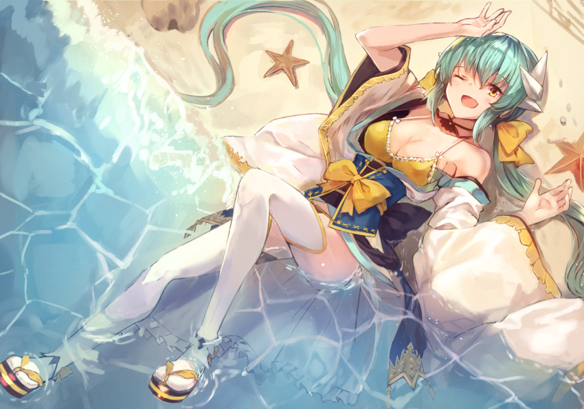 1girl :d beach bikini bikini_under_clothes breasts cleavage collarbone commentary_request dragon_girl dragon_horns fate/grand_order fate_(series) green_hair hopepe horns japanese_clothes kimono kiyohime_(fate/grand_order) kiyohime_(swimsuit_lancer)_(fate) large_breasts long_hair looking_at_viewer lying ocean on_back one_eye_closed open_mouth sandals smile solo starfish swimsuit thigh-highs twintails very_long_hair water white_kimono white_legwear yellow_bikini yellow_eyes