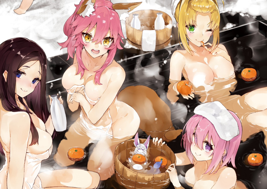 &gt;:) 4girls alternate_costume animal animal_ears blonde_hair blue_eyes blush bottle breasts brown_hair bucket eating fate/extra fate/grand_order fate_(series) food fou_(fate/grand_order) fox_ears fox_tail fruit green_eyes highres kou_mashiro large_breasts leonardo_da_vinci_(fate/grand_order) long_hair mandarin_orange mash_kyrielight multiple_girls naked_towel nero_claudius_(fate) nero_claudius_(fate)_(all) one_eye_closed onsen open_mouth partially_submerged pink_hair sake_bottle sitting symbol_commentary tail tamamo_(fate)_(all) tamamo_no_mae_(fate) towel towel_on_head violet_eyes yellow_eyes