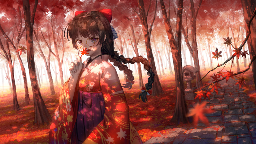1girl autumn autumn_leaves bangs black_hair blue_eyes blurry_foreground bow braid commentary_request day dutch_angle falling_leaves floating_hair forest glasses hair_bow hakama_skirt hand_up highres holding holding_leaf japanese_clothes ji_dao_ji kimono leaf long_hair long_sleeves looking_at_viewer maple_leaf nature nijisanji open_mouth orange-framed_eyewear outdoors pavement print_kimono red red_bow red_kimono round_eyewear sidelocks solo striped striped_bow tree tree_shade tsukino_mito twin_braids twintails virtual_youtuber wide_shot wide_sleeves