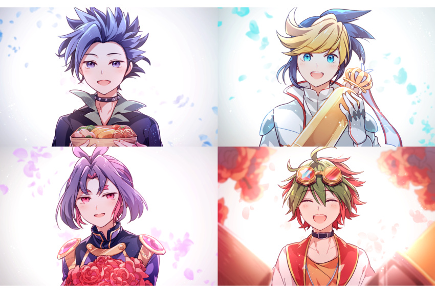 4boys ahoge aicedrop aqua_eyes bangs black_hair black_shirt blonde_hair blue_eyes blue_hair bouquet choker collar eyebrows eyebrows_visible_through_hair flower food gloves goggles goggles_on_head green_hair hair_between_eyes holding jacket looking_at_viewer lunchbox male_focus multicolored_hair multiple_boys open_mouth parted_bangs petals purple_hair red_flower red_rose redhead rose sakaki_yuuya shirt shoulder_pads simple_background smile spiky_hair split_screen star studded_collar trophy two-tone_hair upper_body white_gloves white_jacket white_shirt yu-gi-oh! yuu-gi-ou yuu-gi-ou_arc-v yuugo_(yuu-gi-ou_arc-v) yuuri_(yuu-gi-ou_arc-v) yuuto_(yuu-gi-ou_arc-v)