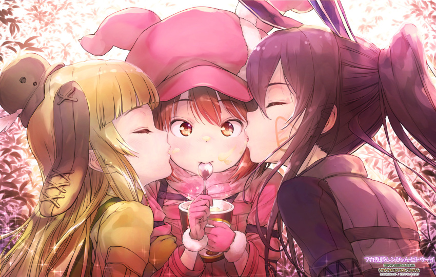 3girls animal_ears animal_hat bangs blonde_hair brown_eyes brown_gloves brown_hair brown_hat brown_jacket bunny_hat cheek_licking closed_eyes closed_mouth commentary_request ek_masato eyebrows_visible_through_hair face_licking facial_mark flat_cap food food_on_face fukaziroh_(sao) fur-trimmed_gloves fur_trim gloves hair_between_eyes hat holding holding_spoon ice_cream ice_cream_on_face jacket licking llenn_(sao) long_hair mini_hat multiple_girls pink_gloves pink_hat pink_jacket pitohui_(sao) ponytail profile rabbit_ears sidelocks spoon sword_art_online sword_art_online_alternative:_gun_gale_online very_long_hair yellow_jacket