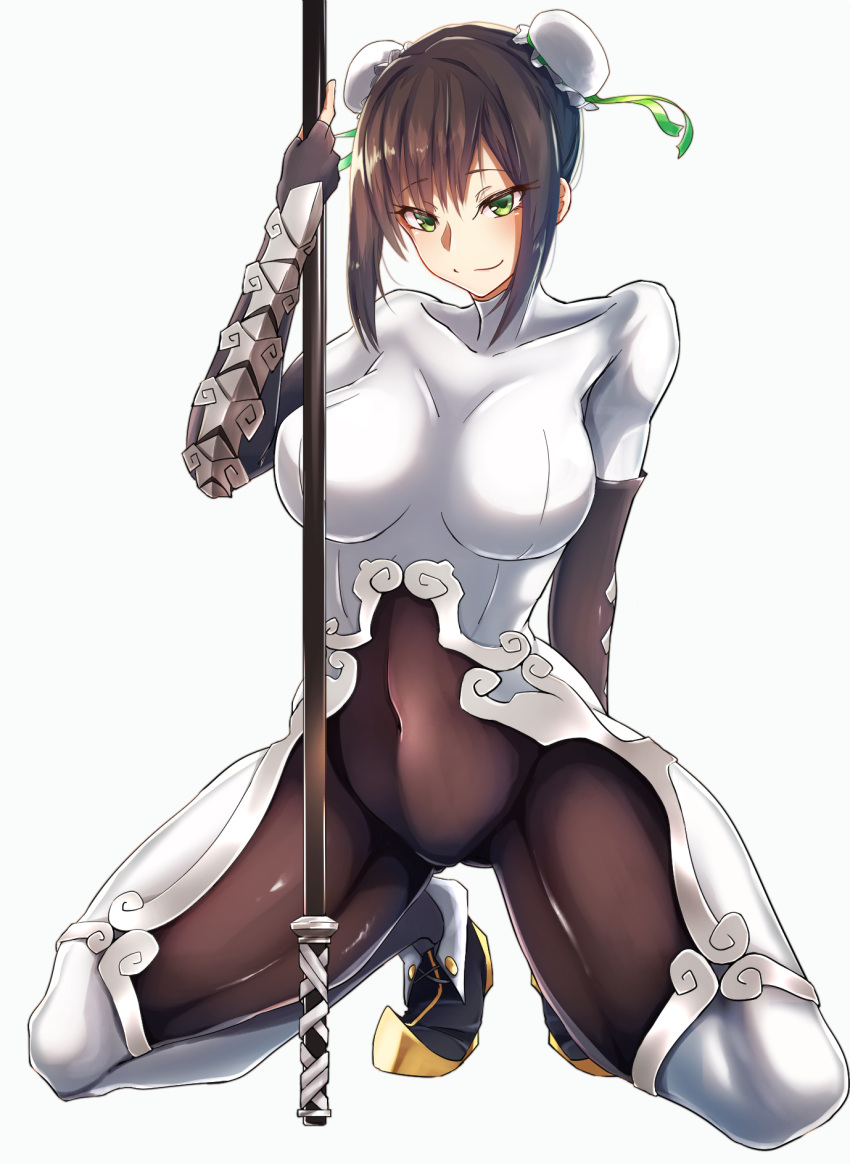 1girl arm_behind_back arm_guards bangs black_gloves black_hair bodysuit breasts bun_cover chinese_clothes covered_navel double_bun eyebrows_visible_through_hair fate/grand_order fate_(series) fingerless_gloves full_body gloves green_eyes highres holding holding_weapon kasoku_souchi kneeling large_breasts polearm qin_liangyu_(fate) sidelocks skin_tight smile solo spear spread_legs squatting thighs weapon white_background