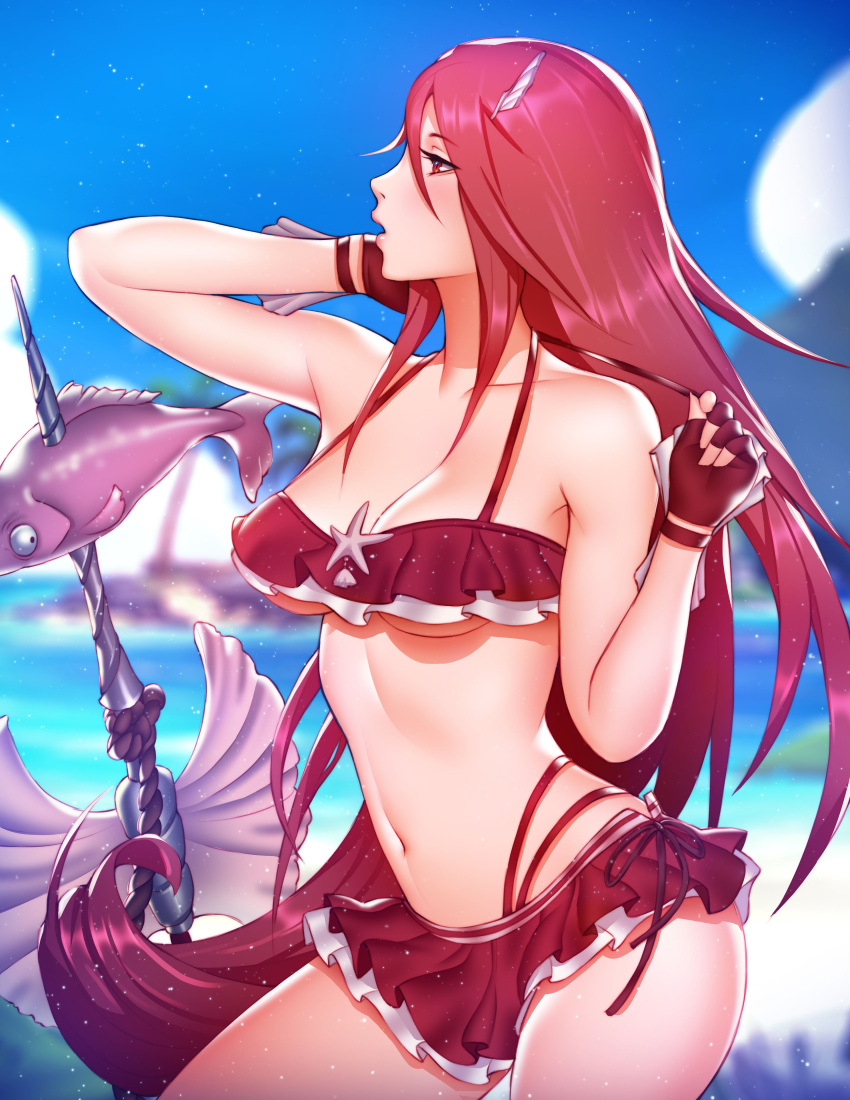1girl absurdres arm_up bangs bare_shoulders bikini bikini_skirt blue_sky blurry blurry_background breasts cleavage clouds cloudy_sky contrapposto cowboy_shot day eyelashes fingerless_gloves fingernails fire_emblem fire_emblem:_kakusei fire_emblem_heroes fish gloves hair_between_eyes hair_ornament hairclip hand_on_own_head hand_up highres island legs_apart long_fingernails long_hair looking_away medium_breasts microskirt midriff multi-strapped_bikini navel nintendo nose outdoors paid_reward palm_tree parted_lips patreon_reward pink_lady_mage pink_lips pleated_skirt profile pulled_by_self red_eyes red_gloves red_skirt redhead skirt sky solo standing stomach strap_pull swimsuit cordelia_(fire_emblem) tree under_boob untying very_long_hair