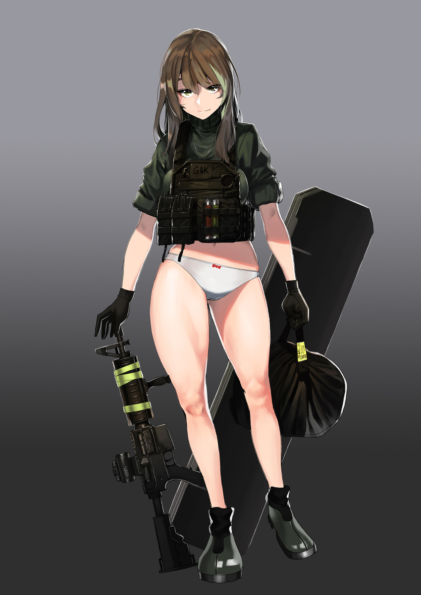 1girl absurdres ammunition assault_rifle bangs black_gloves brown_hair bulletproof_vest commentary_request girls_frontline gloves gun highres ihobus long_hair looking_at_viewer m4_carbine m4a1_(girls_frontline) magazine_(weapon) panties plate_carrier rifle sleeves_rolled_up smile sweater thighs underwear weapon white_panties