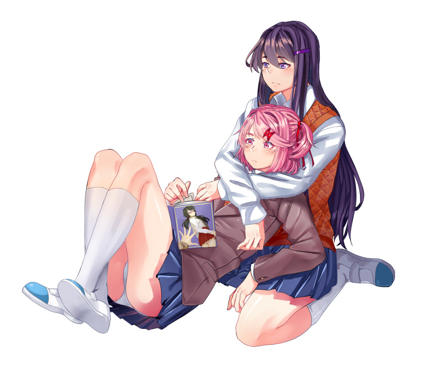 2girls blue_skirt blush book commentary crossed_ankles crossed_arms doki_doki_literature_club eyebrows_visible_through_hair frown full_body grey_jacket gyger_been hair_between_eyes hair_ornament hair_ribbon hairclip highres hug hug_from_behind jacket kneehighs long_hair long_sleeves lying manga_(object) multiple_girls natsuki_(doki_doki_literature_club) panties pantyshot pink_eyes pink_hair pleated_skirt purple_hair reading red_ribbon ribbon school_uniform shirt shoes short_hair simple_background sitting skirt two_side_up underwear uwabaki very_long_hair violet_eyes white_background white_footwear white_legwear white_panties white_shirt yuri_(doki_doki_literature_club)