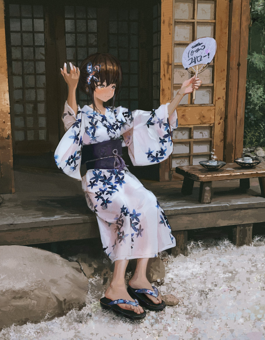 1girl doorway empty_room floral_print hair_between_eyes hands_up highres japanese_clothes leaf long_sleeves looking_to_the_side original outdoors patterned_clothing plant rock short_hair shrine sitting smile solo tifg39 translated tree wide_sleeves