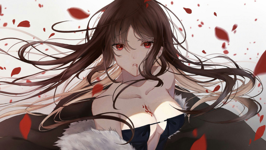 1girl bangs bare_shoulders blood blood_on_face blood_stain breasts brown_hair center_opening consort_yu_(fate) fate/grand_order fate_(series) fur_collar gradient gradient_background hair_between_eyes highres hirakana long_hair looking_at_viewer off_shoulder parted_lips petals red_eyes simple_background solo upper_body wind wind_lift