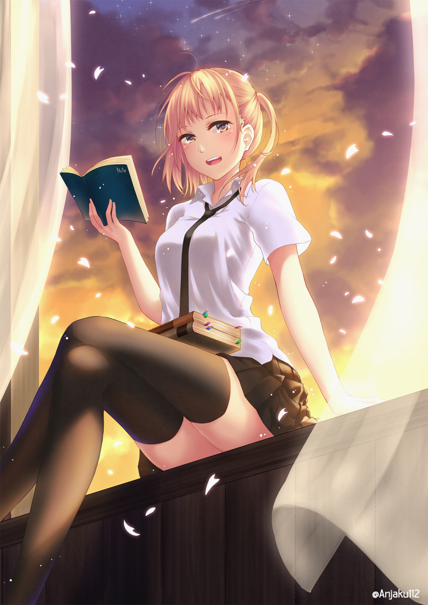 1girl :d anjaku112 arm_support black_legwear black_neckwear black_skirt blonde_hair book book_on_lap brown_eyes clouds curtains floating_hair highres holding legs_crossed looking_at_viewer miniskirt necktie open_book open_mouth original petals pleated_skirt school_uniform shirt short_hair short_sleeves side_ponytail sitting skirt sky smile solo star_(sky) starry_sky thigh-highs twitter_username white_shirt zettai_ryouiki