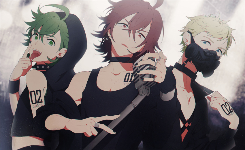 3boys ahoge amagase_touma black_nails blonde_hair blue_eyes brown_hair choker earrings gas_mask green_eyes green_hair hood hoodie idolmaster idolmaster_side-m ijuuin_hokuto jewelry jupiter_(idolmaster) looking_at_viewer male_focus mitarai_shouta multiple_boys nail_polish off_shoulder open_mouth ring sleeveless sleeveless_hoodie takayuki_(heac0) tank_top tattoo tongue tongue_out