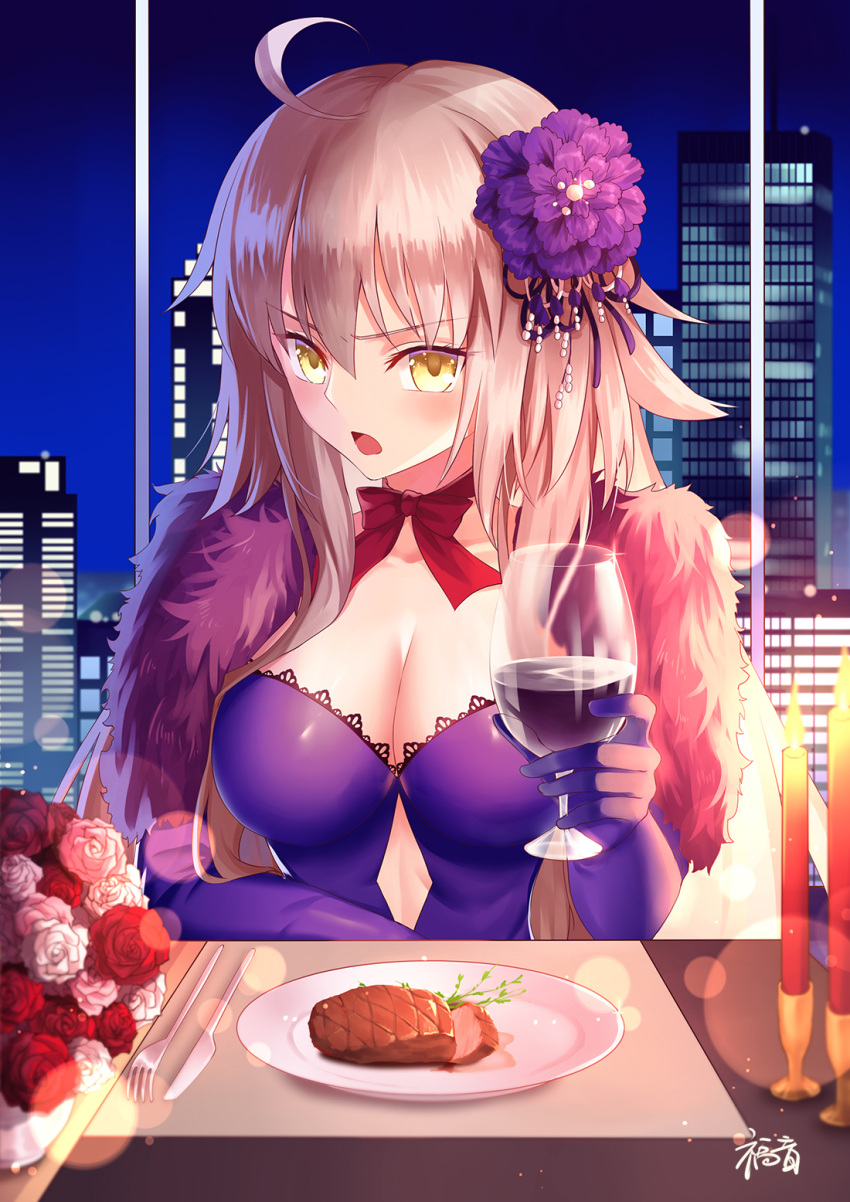 1girl ahoge bangs bow breasts brown_eyes building burning candle cityscape cleavage commentary_request cup dress drinking_glass elbow_gloves eyebrows_visible_through_hair fate/grand_order fate_(series) fire flower food fork fur_collar gloves gogatsu_fukuin hair_between_eyes hair_flower hair_ornament highres holding holding_cup indoors jeanne_d'arc_(alter)_(fate) jeanne_d'arc_(fate)_(all) knife large_breasts light_brown_hair long_hair looking_at_viewer meat night night_sky open_mouth plate purple_dress purple_flower purple_gloves red_bow red_flower red_rose rose signature sky skyscraper solo strapless strapless_dress upper_body very_long_hair white_flower white_rose wine_glass