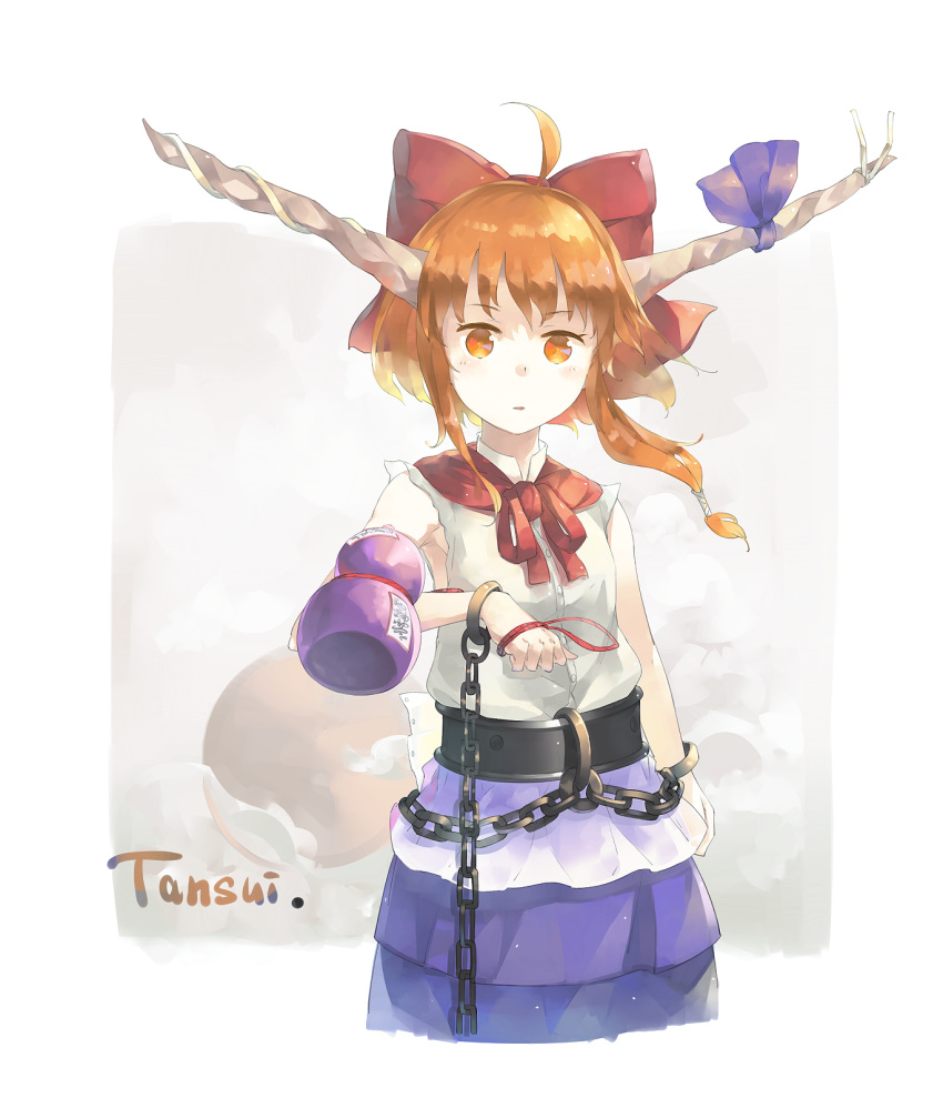 1girl ahoge alternate_hairstyle bangs belt blue_bow blue_skirt bow chains cowboy_shot gourd hair_bow hair_tubes highres horn_bow horn_ribbon horns ibuki_suika looking_at_viewer o_(crazyoton46) oni orange_eyes orange_hair parted_lips red_bow ribbon shirt short_hair sidelocks simple_background skirt sleeveless sleeveless_shirt solo string touhou white_ribbon white_shirt wrist_cuffs