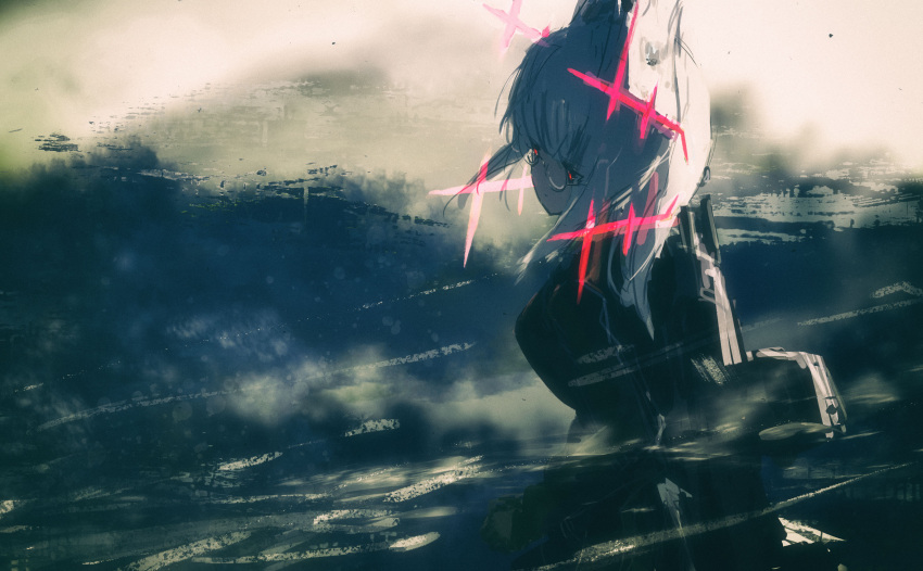 backlighting black_gloves blurry clenched_hand clouds dark flying glasses gloves head_wings heidimarie_w_schnaufer highres hirschgeweih_antennas looking_to_the_side military military_uniform night red_eyes sketch sky strike_witches uniform weapon weapon_on_back white_hair world_witches_series