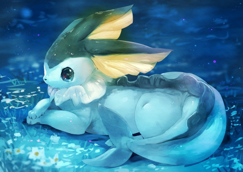 :3 blue blue_eyes blurry blurry_background blurry_foreground closed_mouth creatures_(company) daisy depth_of_field flower from_side full_body game_freak gen_1_pokemon looking_at_viewer manino_(mofuritaionaka) nintendo no_humans pokemon pokemon_(creature) sitting smile vaporeon white_flower