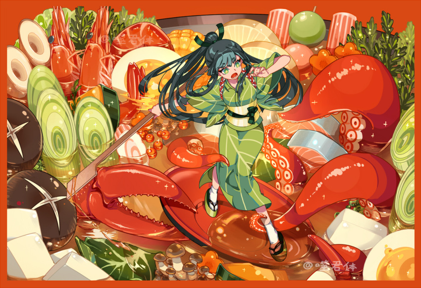 +_+ 1girl ankle_grab bangs black_hair border cup eyebrows_visible_through_hair food food_request geta green_eyes green_kimono green_ribbon hair_ribbon japanese_clothes kimono lobster long_hair looking_back looking_down mushroom obi original ponytail ribbon rope sakazuki sash shi_jun_ti shimenawa soup standing tabi tentacle very_long_hair