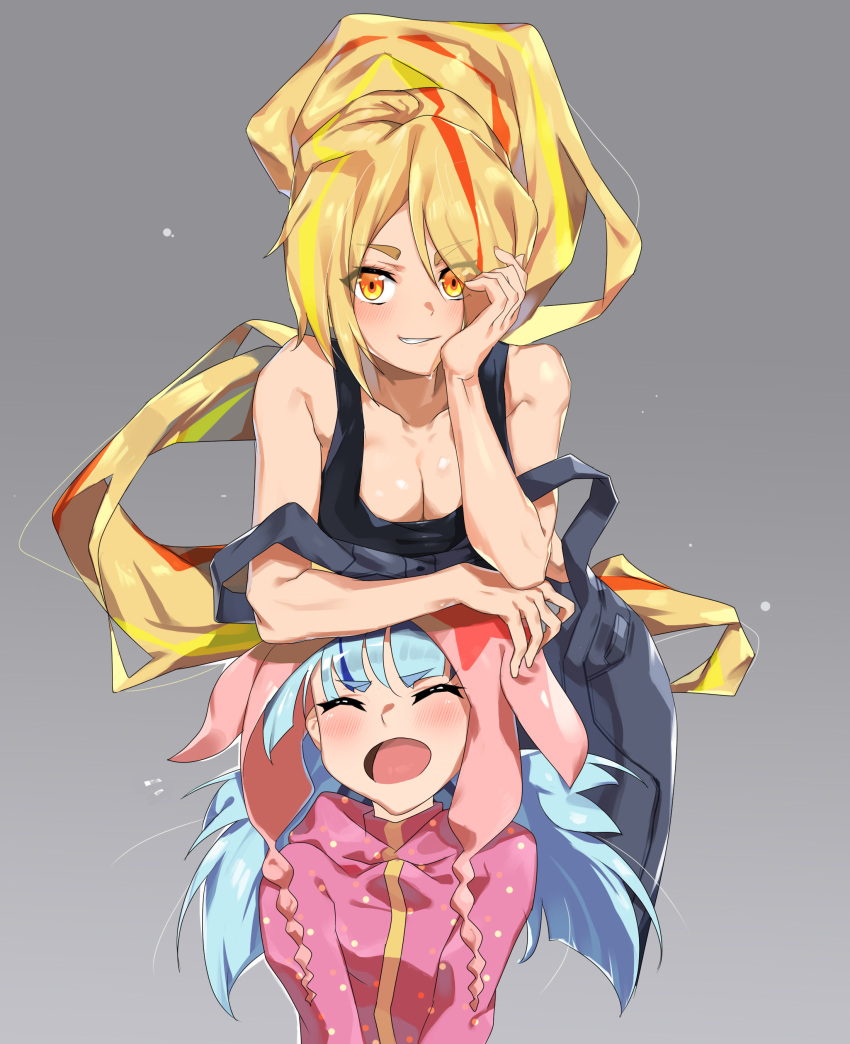 2girls absurdres bangs bare_shoulders blonde_hair blue_hair blush breast_rest breasts breasts_on_head chin_rest cleavage eyebrows_visible_through_hair eyes_visible_through_hair gimnang grey_background grin hair_over_one_eye highres hoshikawa_lily long_hair looking_at_viewer medium_breasts multicolored_hair multiple_girls nikaidou_saki open_mouth orange_eyes overalls pink_hoodie ponytail screaming simple_background smile strap_slip streaked_hair tank_top very_long_hair zombie_land_saga