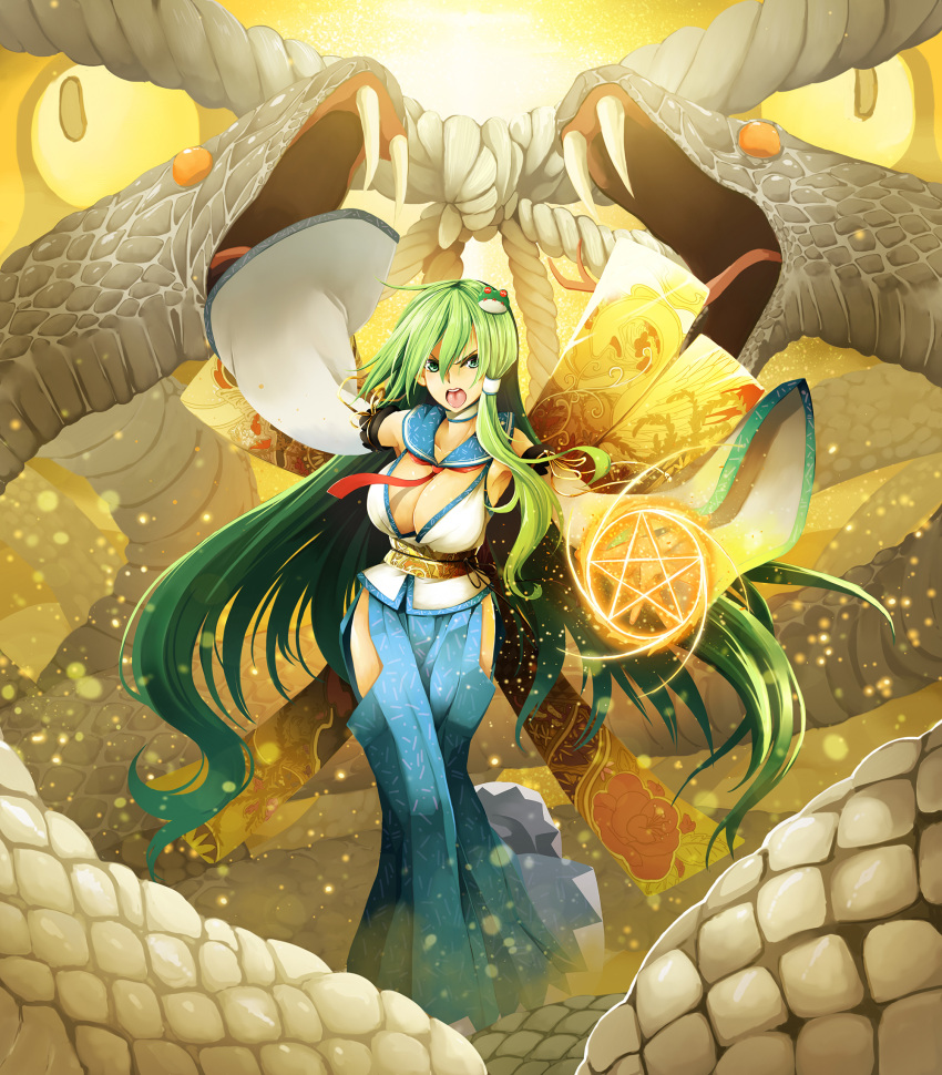 1girl animal arm_up blue_eyes blue_skirt breasts cleavage detached_sleeves fangs frog_hair_ornament green_hair hair_between_eyes hair_ornament hair_tubes highres hip_vent ishida_kazuma kochiya_sanae large_breasts long_hair long_skirt looking_at_viewer magic_circle ofuda open_mouth red_neckwear rope scales serious shimenawa single_sidelock skirt snake solo standing touhou very_long_hair white_snake wide_sleeves