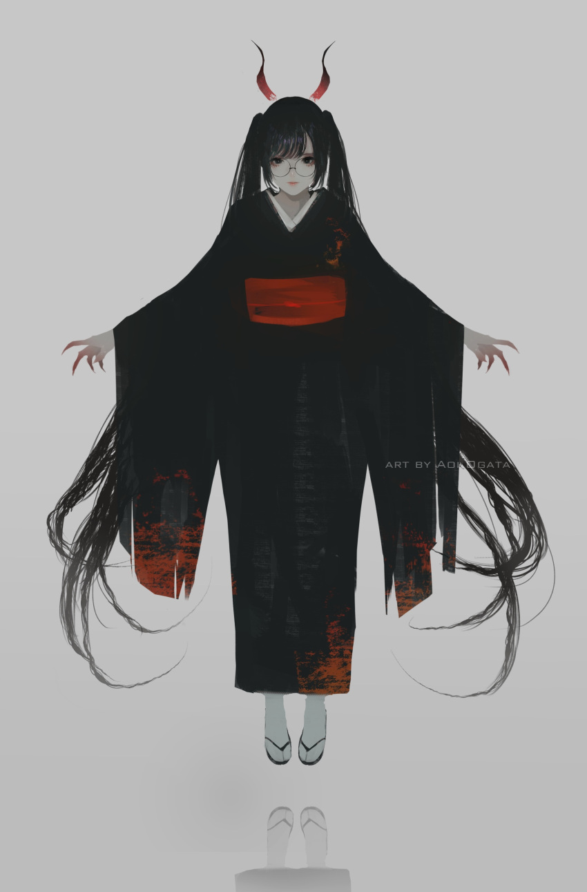 1girl absurdres aoi_ogata artist_name bangs black_eyes black_footwear black_hair black_kimono closed_mouth curled_horns fingernails glasses grey_background grey_skirt highres japanese_clothes kimono long_fingernails long_hair long_sleeves looking_at_viewer obi original reflection sash sharp_fingernails skirt socks solo tabi twintails very_long_hair white_legwear wide_sleeves zouri