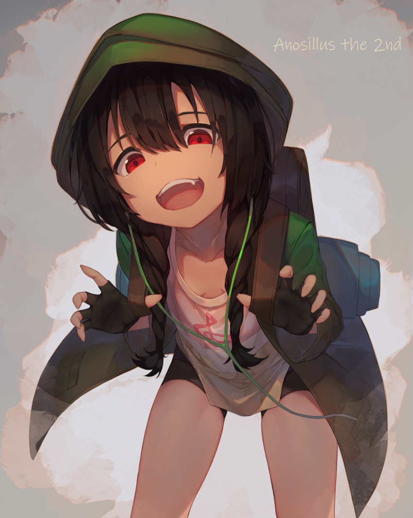 1girl anoshiras_ii backpack bag bangs bent_over bike_shorts black_hair black_shorts braid character_name coat dark_skin earphones fingerless_gloves gloves green_coat hair_between_eyes highres hood hood_up long_hair looking_at_viewer munuu no_bra open_clothes open_coat open_mouth red_eyes shorts smile solo ssss.gridman twin_braids