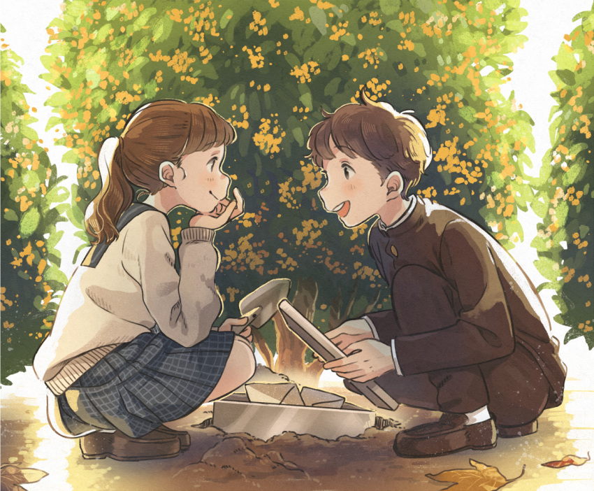 1boy 1girl :d autumn_leaves bangs black_pants black_shirt blue_skirt box brown_hair bush chin_rest commentary envelope gakuran holding kana_(okitasougo222) loafers long_hair long_sleeves looking_at_another open_mouth original outdoors pants plaid plaid_skirt pleated_skirt ponytail school_uniform serafuku shirt shoes skirt smile squatting trowel