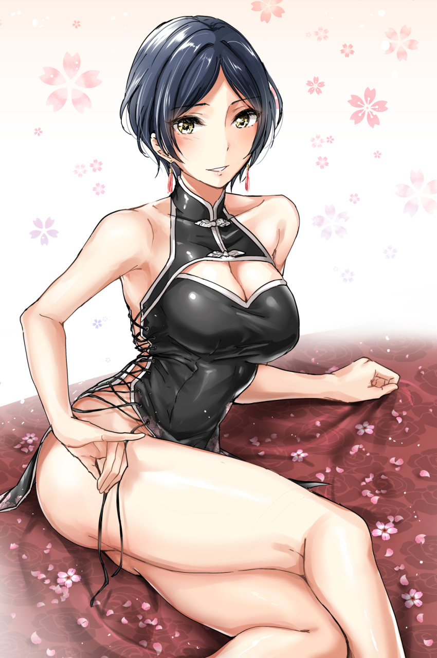 1girl ass bangs bare_arms bare_shoulders black_dress blue_hair blush breasts china_dress chinese_clothes cleavage cleavage_cutout collarbone covered_collarbone dress eyebrows_visible_through_hair floral_background flower forehead hayami_kanade highres idolmaster idolmaster_cinderella_girls idolmaster_cinderella_girls_starlight_stage large_breasts looking_at_viewer oimo parted_bangs parted_lips pink_flower sleeveless sleeveless_dress solo yellow_eyes