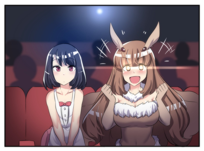 2girls antennae bangs black_hair blunt_bangs blush breasts brown_eyes brown_hair cleavage collarbone comic dress expressionless eyebrows_visible_through_hair eyes_visible_through_hair fur_collar fur_trim glowing glowing_eyes hands_up highres hinghoi insect_girl large_breasts long_hair looking_at_viewer medium_hair monster_girl moth_girl moth_wings movie_theater multiple_girls open_mouth original sitting sleeveless small_breasts smile strapless violet_eyes white_dress wings