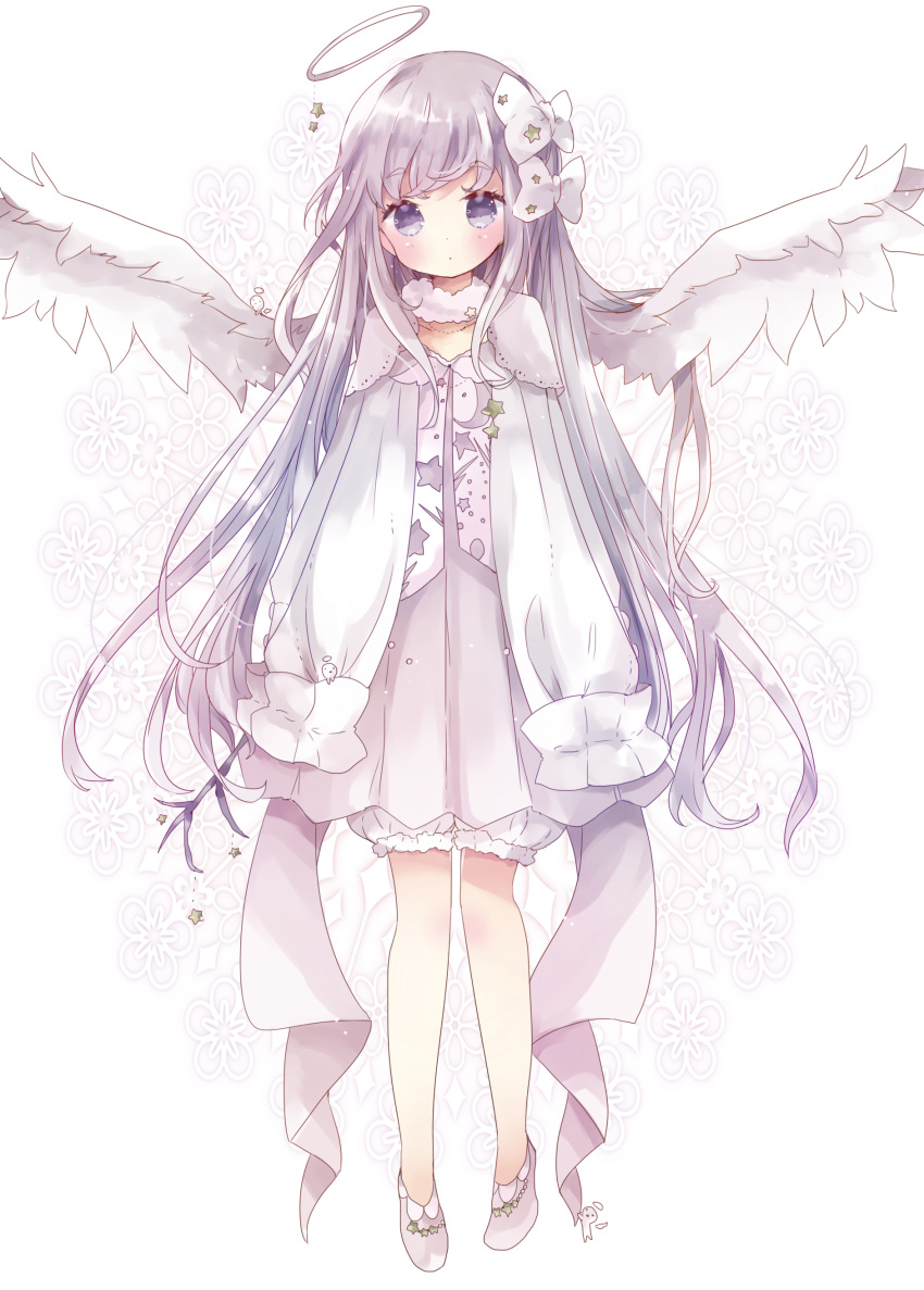 1girl absurdres angel angel_wings bloomers blush bow collarbone commentary dress full_body fur_collar hair_bow halo head_tilt highres long_hair long_sleeves original pleated_dress purple_dress purple_hair shoes sleeves_past_fingers sleeves_past_wrists solo symbol_commentary tsukiyo_(skymint) underwear very_long_hair violet_eyes white_bloomers white_bow white_footwear white_wings wings