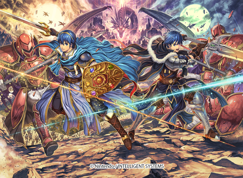 2boys armor blue_eyes blue_hair commentary_request company_name copyright_name dragon fire_emblem fire_emblem:_mystery_of_the_emblem fire_emblem_cipher gloves helmet holding holding_sword holding_weapon intelligent_systems izuka_daisuke kris_(fire_emblem) kris_(fire_emblem)_(male) male_my_unit_(fire_emblem:_shin_monshou_no_nazo) marth multiple_boys my_unit_(fire_emblem:_shin_monshou_no_nazo) nintendo official_art open_mouth short_hair super_smash_bros. sword weapon
