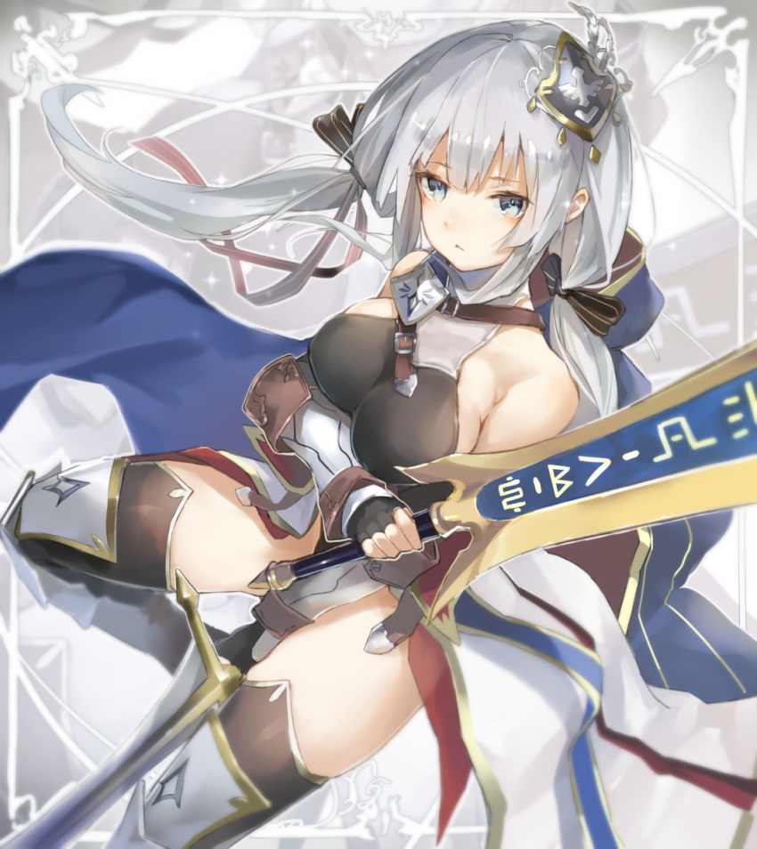 1girl between_legs black_bow black_gloves black_legwear blue_cape blue_eyes blush bow bracer breasts cape cruel_gz dual_wielding fingerless_gloves forte_(sennen_sensou_aigis) gloves greaves grey_background hair_bow hair_ornament hair_ribbon highres holding holding_sword holding_weapon large_breasts long_hair looking_at_viewer ribbon sennen_sensou_aigis silver_hair standing standing_on_one_leg sword thigh-highs weapon wrist_cuffs