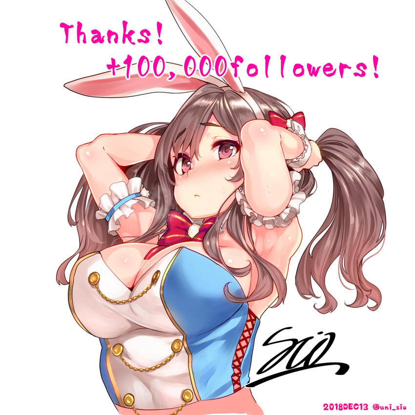 1girl animal_ears armpits arms_up artist_name bangs blush bow bowtie breasts brown_hair bustier buttons chains cleavage closed_mouth covered_navel cross-laced_clothes dated detached_collar double-breasted eyebrows_visible_through_hair fake_animal_ears frilled_armband frilled_wrist_cuffs hair_bow hairband highres holding holding_hair large_breasts looking_at_viewer original rabbit_ears red_bow shiokonbu sidelocks simple_background solo twitter_username two_side_up upper_body violet_eyes white_background white_hairband