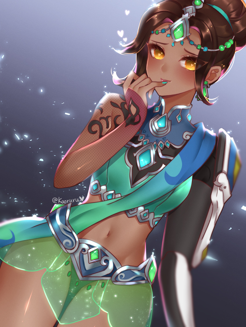 1girl alternate_costume aqua_nails artist_name atobesakunolove backlighting bare_shoulders black_hair blush dark_skin dutch_angle earrings elbow_gloves eyes_visible_through_hair figure_skater_symmetra finger_to_mouth gloves gradient gradient_background green_skirt grey_background hair_bun heart heart-shaped_pupils highres jewelry light_particles looking_at_viewer midriff nail_polish overwatch panties pinky_to_mouth see-through short_hair single_glove skirt smile solo sparkle symbol-shaped_pupils symmetra_(overwatch) tattoo thigh-highs twitter_username underwear white_gloves yellow_eyes