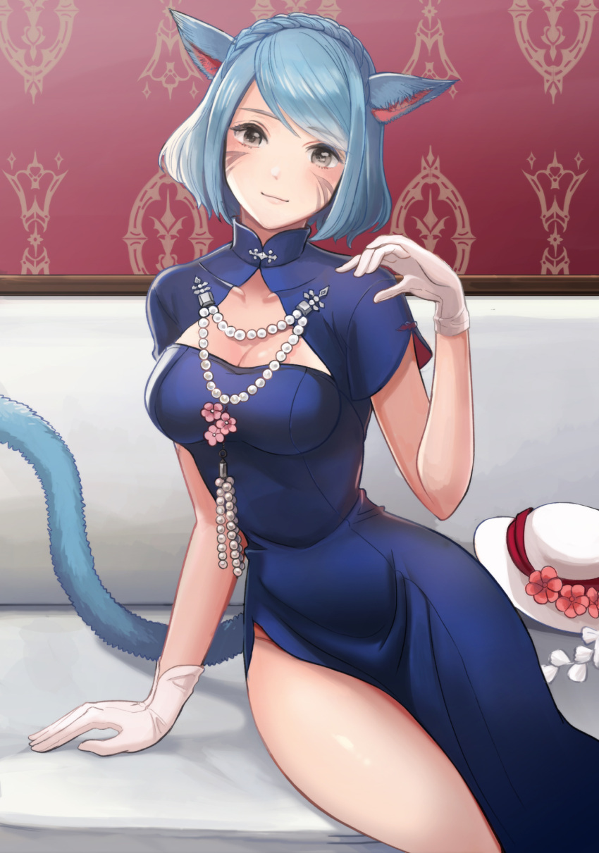 1girl animal_ears bangs black_eyes blue_hair braid breasts cat_ears cat_tail china_dress chinese_clothes cleavage cleavage_cutout collarbone dress facial_mark final_fantasy final_fantasy_xiv gloves hat hat_removed headwear_removed highres indoors looking_at_viewer medium_breasts miqo'te moko_(user_vnsh2874) pearl short_hair side_slit sitting smile solo swept_bangs tail white_gloves