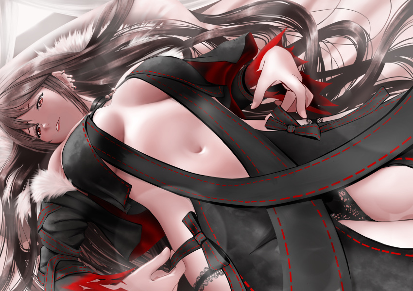 1girl absurdres bangs bare_shoulders bedside black_dress breasts brown_hair center_opening consort_yu_(fate) dress dutch_angle ear_piercing fate/grand_order fate_(series) from_above fur_collar gibun_(sozoshu) highres indoors jacket large_breasts lips long_hair looking_away lying navel off_shoulder on_back open_clothes open_jacket parted_lips piercing pillow
