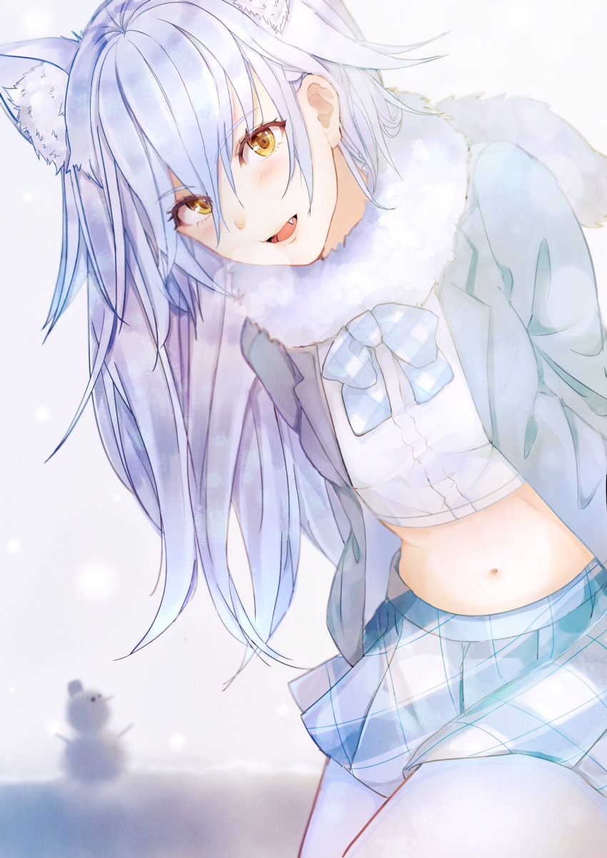 1girl ancolatte_(onikuanco) animal_ear_fluff animal_ears arctic_wolf_(kemono_friends) bow bowtie center_frills coat commentary_request eyebrows_visible_through_hair fang fur_collar highres kemono_friends light_blue_hair long_hair long_sleeves midriff multicolored_hair navel open_mouth pantyhose plaid plaid_skirt pleated_skirt skirt snowman solo white_hair wolf_ears yellow_eyes