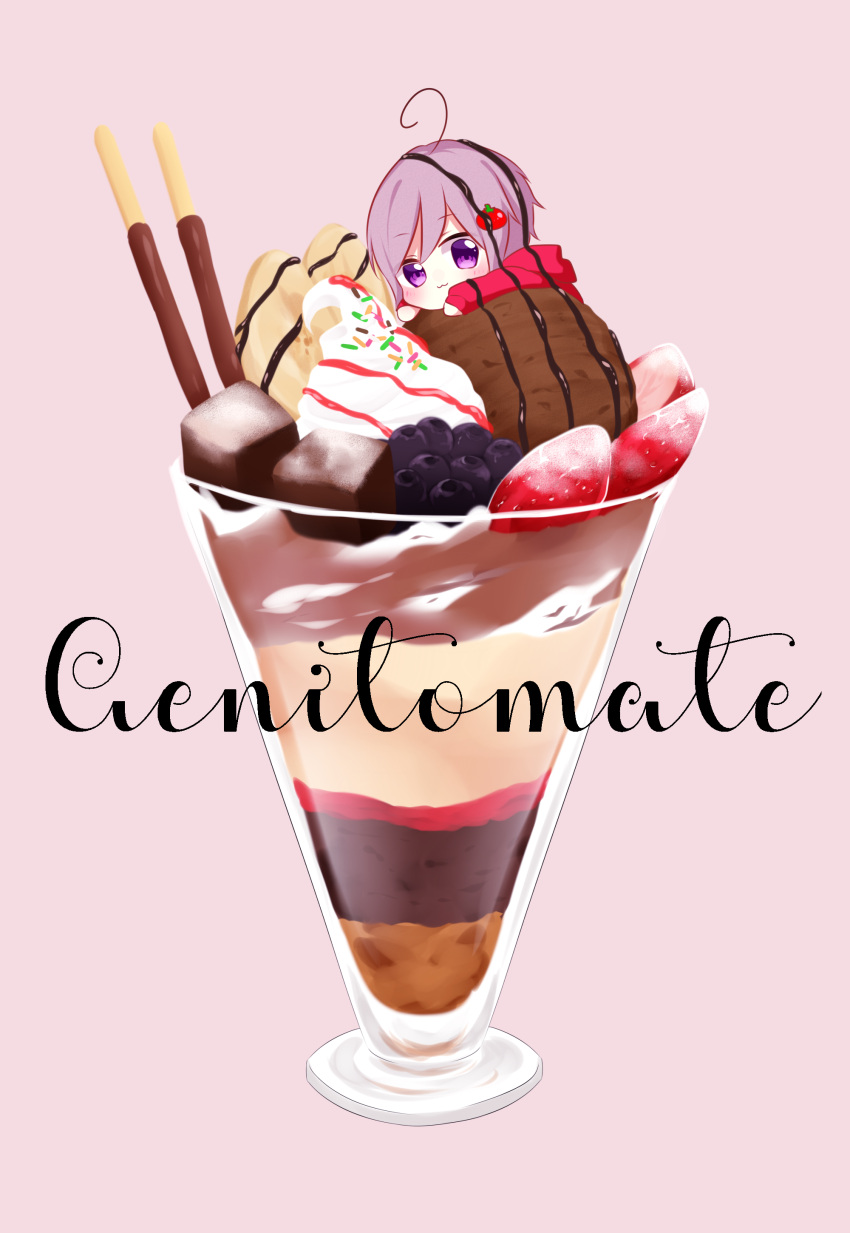 1girl :3 absurdres ahoge blush chibi chocolate_syrup dessert food fruit highres ice_cream long_sleeves lying on_food on_stomach original parfait pocky purple_background purple_hair shiki_(s1k1xxx) short_hair simple_background solo sprinkles strawberry tomato_hair_ornament violet_eyes