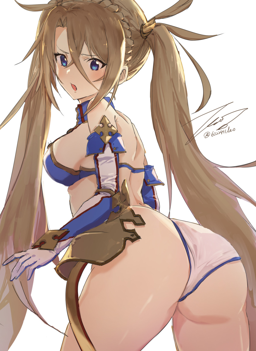 1girl absurdres ass bangs bikini_bottom bikini_top blonde_hair blue_eyes bradamante_(fate/grand_order) braid crown_braid elbow_gloves fate/grand_order fate_(series) faulds gloves highres long_hair looking_back open_mouth parted_bangs simple_background solo tsuiru twitter_username very_long_hair white_background