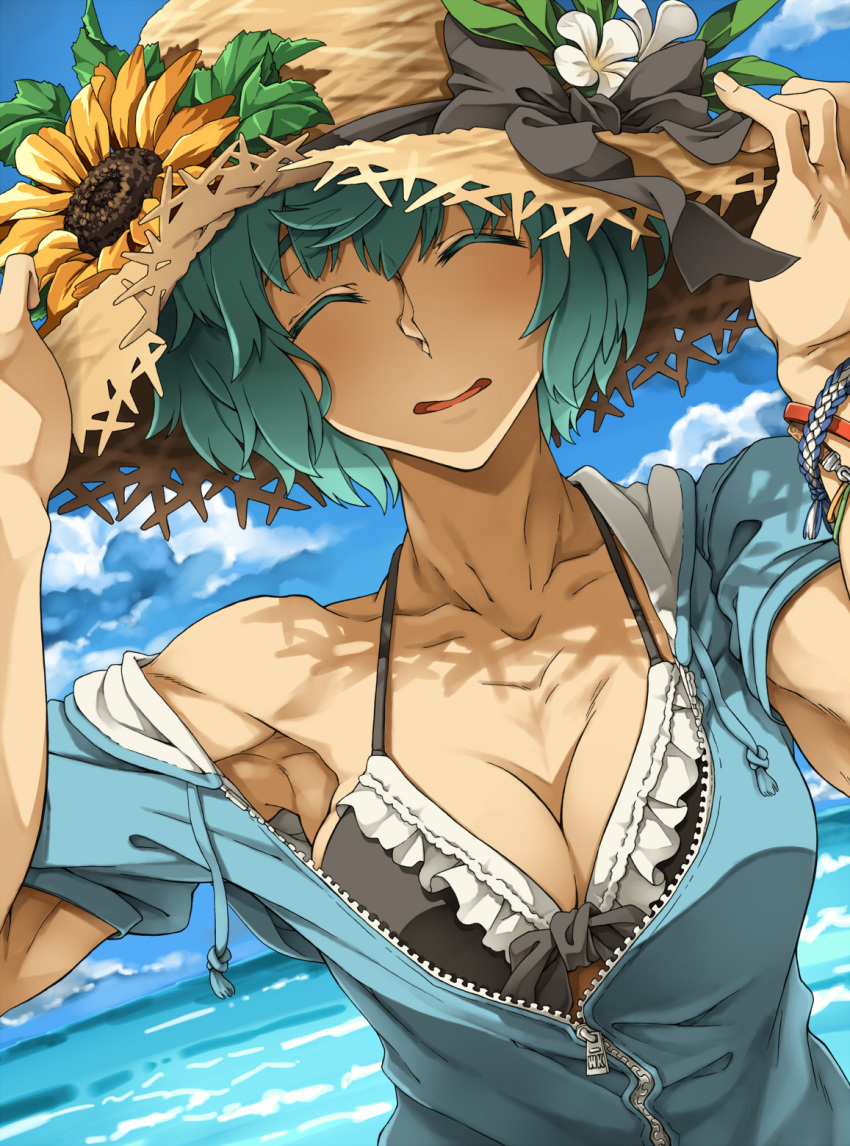 1girl armpits black_bikini_top bracelet breasts cleavage close-up closed_eyes collarbone commentary_request day flower green_hair hat hat_flower highres jewelry kasetsu_03 large_breasts looking_at_viewer ocean off_shoulder sei_(va-11_hall-a) short_hair short_sleeves solo sun_hat unzipped upper_body va-11_hall-a