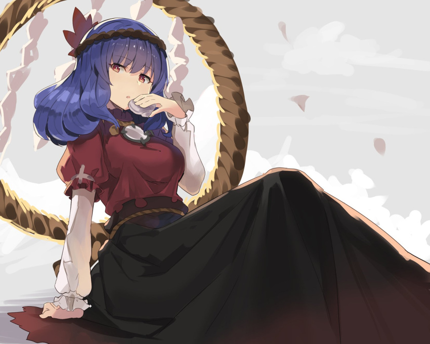1girl arm_support bangs black_skirt blue_hair breasts commentary_request cup eyebrows_visible_through_hair grey_background hair_between_eyes hair_ornament hand_up highres holding holding_cup knees_up large_breasts leaf_hair_ornament long_hair long_skirt long_sleeves looking_at_viewer mirror parted_lips puffy_short_sleeves puffy_sleeves red_eyes red_shirt rin_falcon robe rope shide shimenawa shirt short_sleeves sitting skirt solo touhou yasaka_kanako