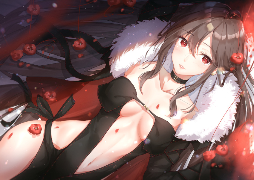 1girl absurdres bangs black_dress breasts brown_hair center_opening choker collarbone commentary_request consort_yu_(fate) dress eyebrows_visible_through_hair fate/grand_order fate_(series) flower fur_trim hair_between_eyes highres jacket long_hair looking_at_viewer medium_breasts multicolored multicolored_background navel nu10040904 red_eyes solo strapless strapless_dress very_long_hair
