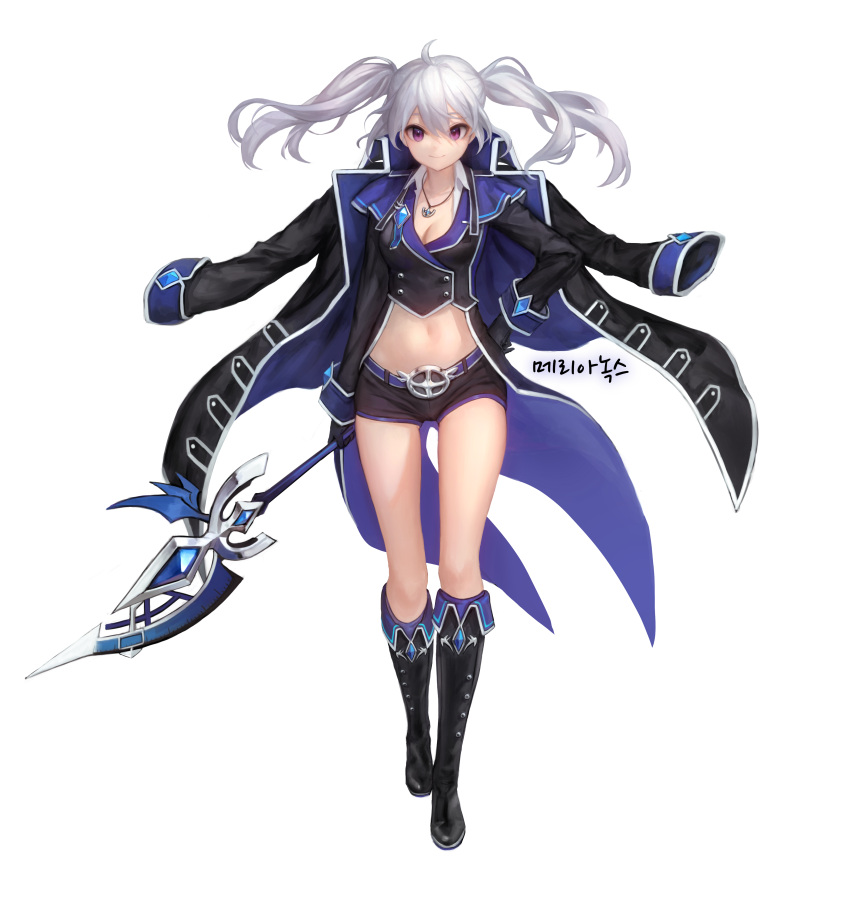 1girl absurdres ahoge aisha_(elsword) bangs belt black_coat black_footwear black_gloves black_shirt black_shorts boots breasts cleavage closed_mouth coat crop_top double-breasted egk513 elsword floating_hair full_body gloves hair_between_eyes hand_on_hip highres holding holding_wand jacket_on_shoulders jewelry knee_boots long_hair long_sleeves looking_at_viewer medium_breasts midriff military military_uniform navel necklace open_clothes open_coat shirt short_shorts shorts sidelocks simple_background smile solo standing stomach tailcoat thighs translation_request twintails uniform violet_eyes wand white_background white_hair wing_collar