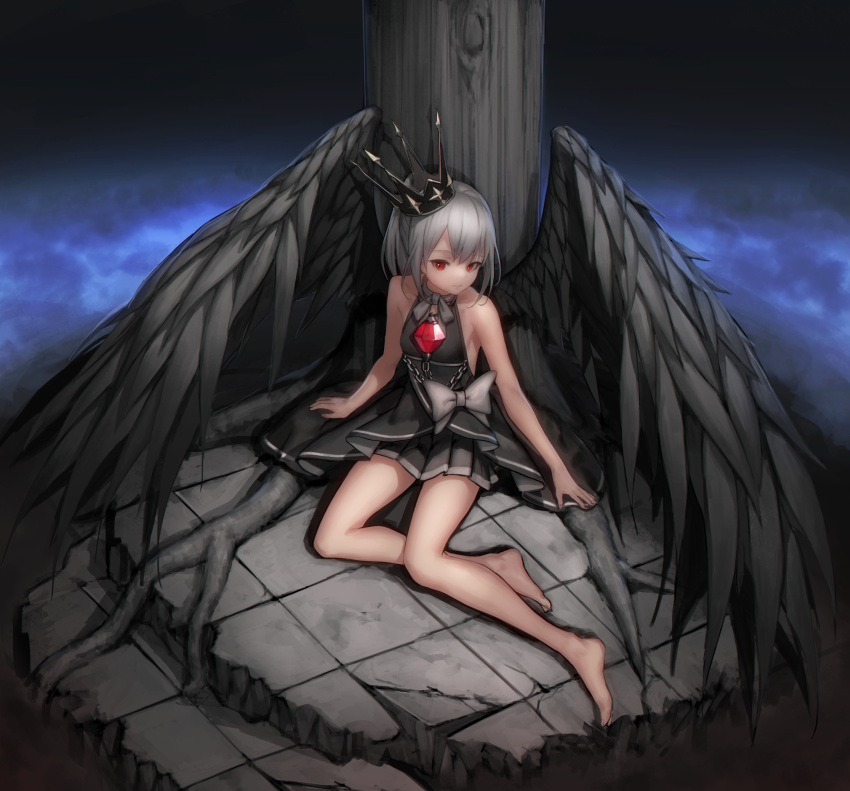 1girl absurdres arm_support armpits bangs bare_arms bare_legs bare_shoulders barefoot black_shirt black_skirt black_wings breasts brooch chains closed_mouth clouds crown egk513 fantasy feathered_wings grey_hair grey_neckwear grey_ribbon highres jewelry long_hair looking_at_viewer miniskirt neck_ribbon original pleated_skirt ponytail red_eyes ribbon roots shirt sidelocks sitting skirt sleeveless sleeveless_shirt small_breasts solo thighs tile_floor tiles tree wings yokozuwari