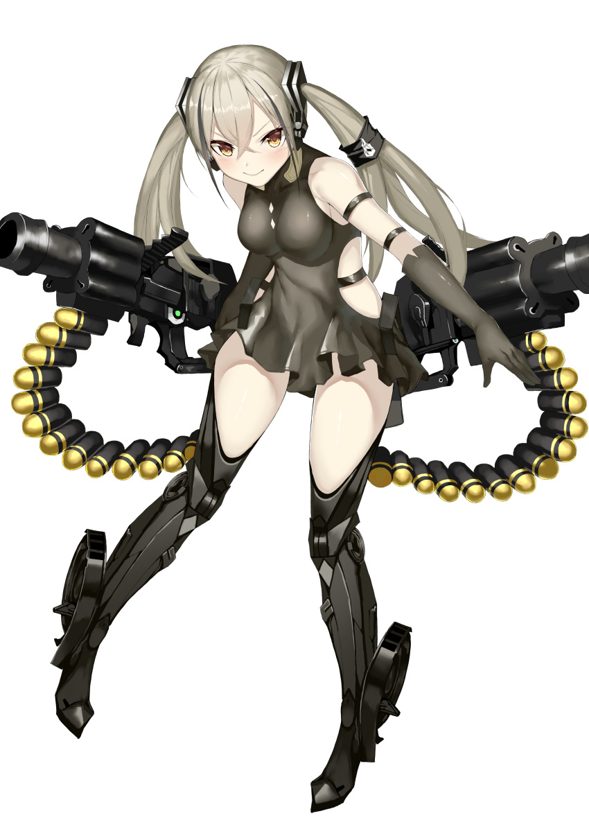 1girl absurdres ammunition_belt armband bangs bare_shoulders black_background black_dress black_gloves black_hair black_legwear blush breasts closed_mouth destroyer_(girls_frontline) dress full_body girls_frontline gloves gun hair_between_eyes hair_ornament highres long_hair looking_at_viewer machine_gun medium_breasts multicolored_hair sangvis_ferri side_cutout sidelocks silver_hair sleeveless sleeveless_dress smile solo streaked_hair teruru_(pixiv_6148103) thigh-highs twintails v-shaped_eyebrows weapon