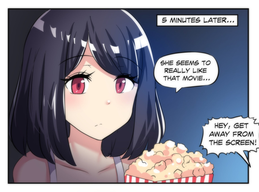 1girl black_hair close-up collarbone comic english expressionless food gradient gradient_background highres hinghoi medium_hair movie_theater original popcorn red_eyes sleeveless solo speech_bubble