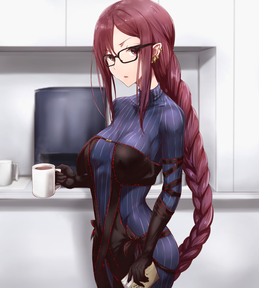 1girl bangs black-framed_eyewear black_dress black_gloves blue_dress blue_sweater book braid breasts coffee collarbone consort_yu_(fate) cup dress fate/grand_order fate_(series) glasses gloves highres holding holding_book holding_cup kitchen long_hair long_sleeves looking_at_viewer medium_breasts mug parted_lips purple_hair ribbed_sweater sakaokasan single_braid solo steam strapless strapless_dress sweater sweater_dress turtleneck turtleneck_sweater very_long_hair violet_eyes