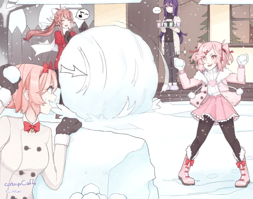 ... 4girls :d ^_^ artist_name bell black_legwear blue_eyes boots bow bow_footwear bowtie breath brown_hair caffe0w0 closed_eyes closed_eyes commentary cup day directional_arrow doki_doki_literature_club double-breasted english_commentary fence fur-trimmed_boots fur-trimmed_jacket fur_trim hair_bow hair_ornament hair_ribbon hairclip jacket jingle_bell long_hair looking_at_another mittens monika_(doki_doki_literature_club) multiple_girls musical_note natsuki_(doki_doki_literature_club) open_mouth outdoors pants pantyhose pink_eyes pink_footwear pink_hair pink_skirt pom_pom_(clothes) ponytail purple_hair red_bow red_neckwear red_ribbon ribbon sayori_(doki_doki_literature_club) short_hair skirt smile snow snowball snowball_fight snowing sparkle spoken_ellipsis spoken_musical_note steam tray tree twitter_username violet_eyes white_ribbon winter yuri_(doki_doki_literature_club)