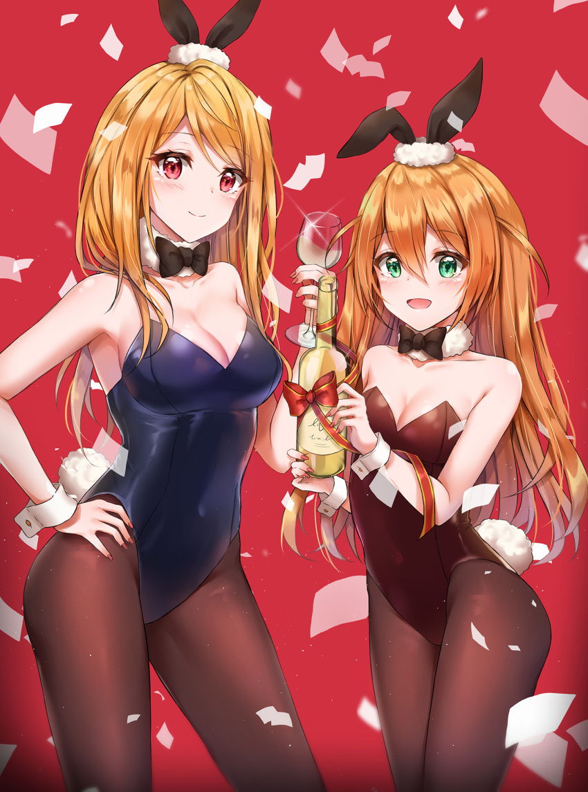 2girls :d animal_ears armpit_crease armpits baba_konomi bangs bare_arms bare_shoulders black_legwear black_leotard black_neckwear blonde_hair blush bottle bow bowtie breasts brown_hair bunny_tail bunnysuit choker cleavage closed_mouth collarbone commentary_request confetti contrapposto cowboy_shot cuna_(qunya) cup drink drinking_glass eyebrows_visible_through_hair fake_animal_ears glint green_eyes hair_between_eyes hand_on_hip highres holding holding_bottle idolmaster idolmaster_million_live! large_breasts legs_apart legs_together leotard long_hair looking_at_viewer momose_rio multiple_girls nail_polish open_mouth pantyhose rabbit_ears red_background red_eyes red_nails red_ribbon ribbon smile standing tail wine_bottle wine_glass wrist_cuffs