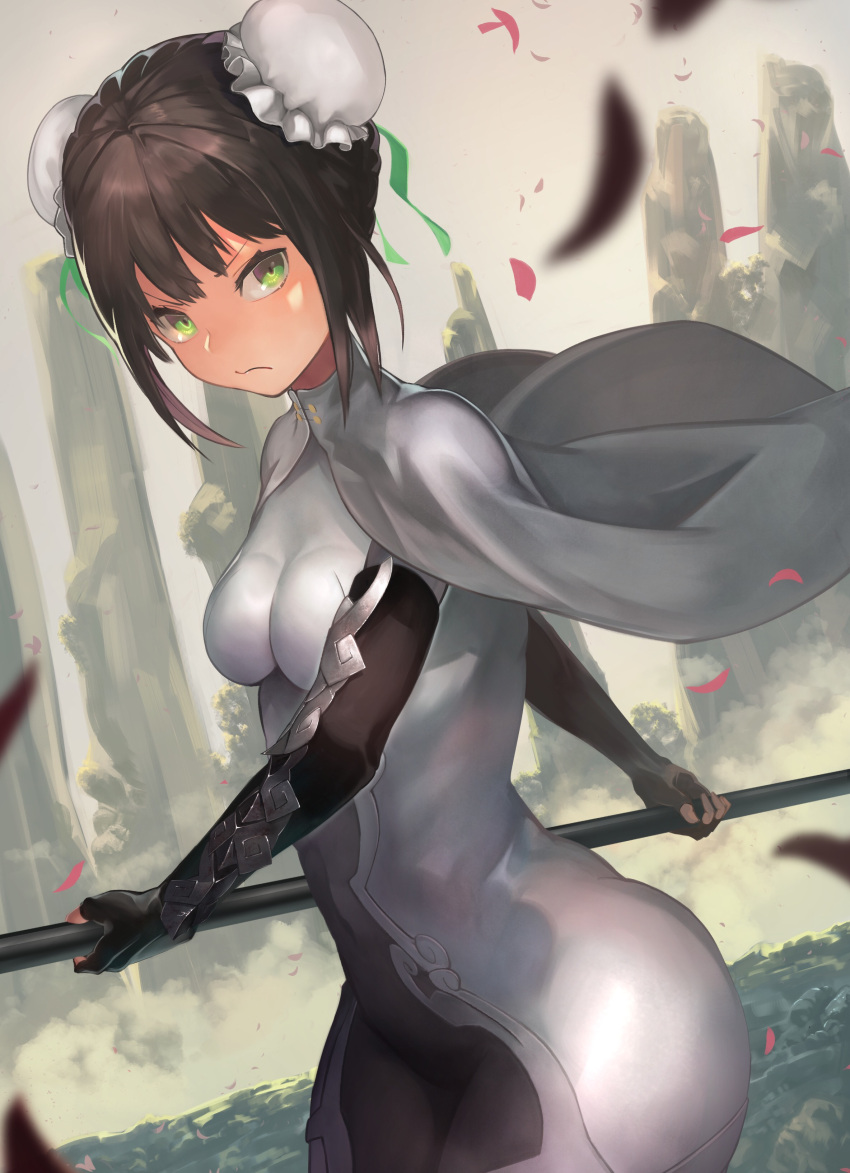 1girl absurdres arm_guards bangs black_hair blush bodysuit breasts bun_cover chinese_clothes closed_mouth commentary_request covered_navel double_bun fate/grand_order fate_(series) fingerless_gloves frown gloves green_eyes highres holding holding_weapon medium_breasts mountain outdoors petals polearm qin_liangyu_(fate) sidelocks skin_tight solo spear standing user_zmhr2384 v-shaped_eyebrows weapon white_background