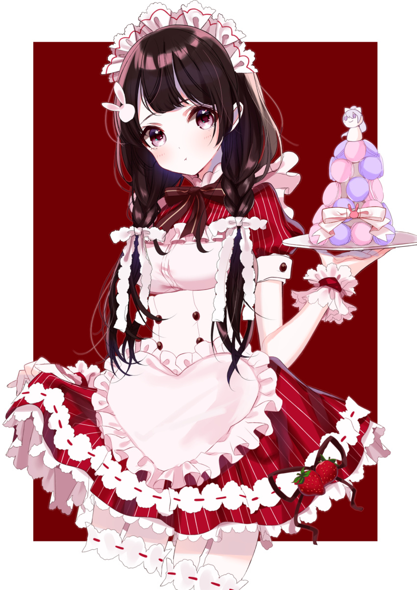 1girl :t apron blush bow breasts brown_bow brown_eyes brown_hair closed_mouth commentary_request cropped_legs dress food frilled_apron frills fruit garter_straps head_tilt highres higuchi_kaede holding holding_plate long_hair macaron maid_headdress misumi_(macaroni) nijisanji plate pout red_background red_dress skirt_hold small_breasts solo strawberry striped tsukino_mito two-tone_background vertical-striped_dress vertical_stripes very_long_hair virtual_youtuber waitress white_apron white_background wrist_cuffs